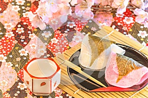 Traditional Japanese wagashi confections called sakuramochi, a sweet pink-colored rice cake with a red bean paste wrapped in a