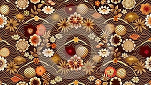 Traditional Japanese wave pattern with ornate floral and botanical elements design.