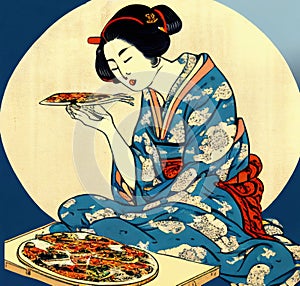 Traditional Japanese Women in Kimono Eating Pizza, Generative AI Illustration