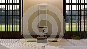 Traditional Japanese zen living room interior style with table, cushions on Tatami floor