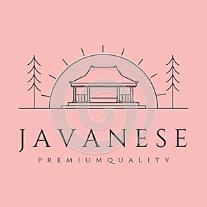 traditional javanese house and sun with tree line art logo vector symbol illustration design