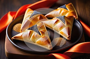 traditional Jewish dish, Purim pastries, national Jewish cuisine, homemade triangular pies with poppy seeds, Hamantashen,