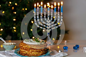 A traditional Jewish food dish, crispy potato latkes served during Hanukkah.