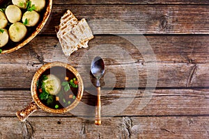 Traditional Jewish passover matzo ball soup for pesach photo