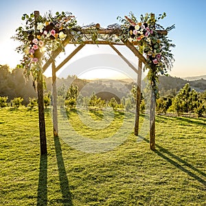 Traditional Jewish wedding with a wooden Chuppah