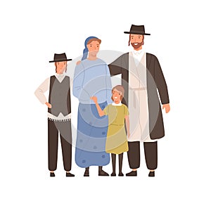 Traditional jews smiling cartoon family vector flat illustration. Colorful jewish mother, father, son and daughter photo