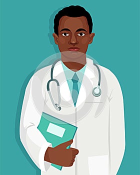 Traditional Jobs. African American Young Doctor With Stethoscope Vector. Man Profession Characters.