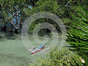 Traditional Jukung fishing boat in a mangrove at Bunaken Island, North-Sulawesi, Indonesia