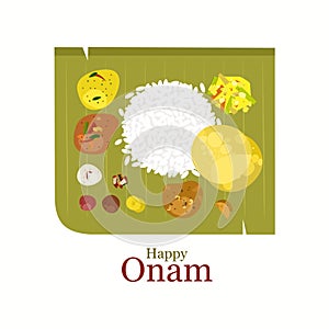 Traditional Kerala meals called `Sadya` on a banana leaf with `Onam` festival greetings