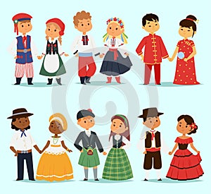 Traditional kids couples character of world dress girls and boys in different national costumes and cute little children