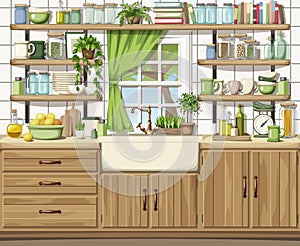 Traditional kitchen interior with wooden cabinets, a sink, open shelves, a window and kitchenware. Vector illustration.