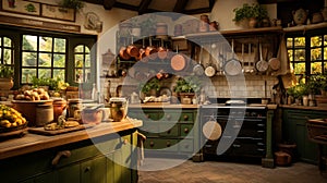 traditional kitchen with pans hanging and wooden green cupboards