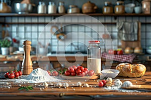 Traditional Kitchen Scene with Fresh Ingredients and Utensils on Rustic Wooden Counter