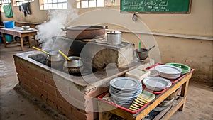 Traditional Kitchen Setup with Cooking Utensils and Plates in a Rustic Setting