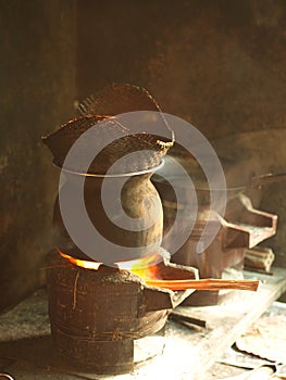 Traditional Kitchen , Sticky Rice Steaming Pot - Cooking Area in the local village house. Northeast of Thailand