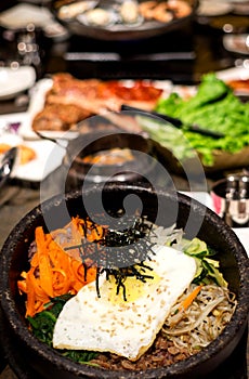 Traditional Korean Bibim Bap on Hot Stone Bowl