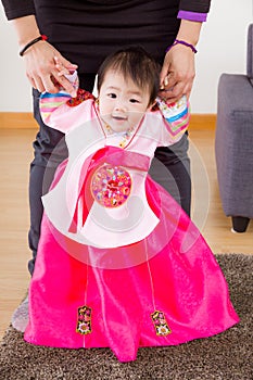 Traditional korean costume baby learn to walk
