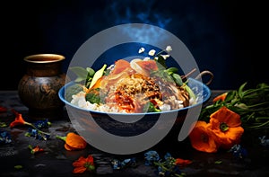 Traditional korean dish bibimbap with fried egg in a bowl.