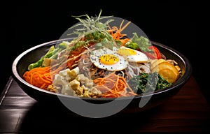 Traditional korean dish bibimbap with fried egg in a bowl.