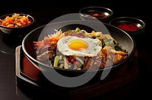 Traditional korean dish bibimbap with fried egg in a bowl.