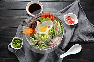 Traditional Korean dish- Bibimbap, rice with egg, beef