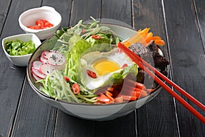 Traditional Korean dish- Bibimbap, rice with egg, beef