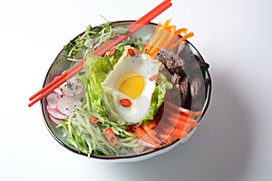 Traditional Korean dish- Bibimbap, rice with egg, beef
