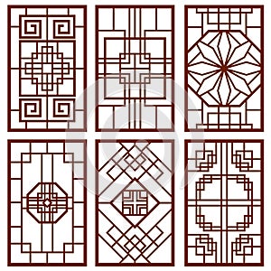 Traditional korean door and window ornament, chinese wall design, japan frames vector set