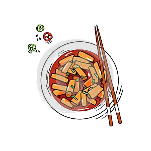 Traditional Korean food - rice cakes tteokbokki in spicy sauce on isolated white background