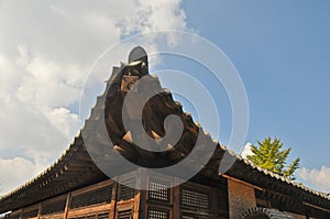 Traditional Korean Hanok Village building with old wooden roof in the afternoon in Seoul, South Korea