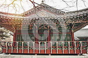 Traditional Korean house with winter sunshine and trees