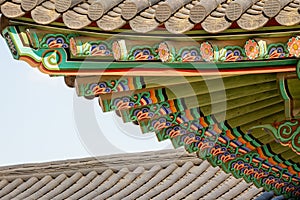 Traditional Korean roof architecture on a building in Seoul, South Korea