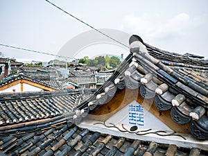 Traditional Korean tile roof hanok seoul ,south korea.Sunshine lighting flare.