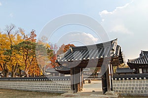 Traditional korean wall and gate in the Jeonju Hanok Village in