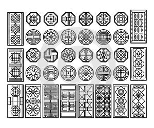 Traditional korean window pattern. Circle ornament, rectangular geometric cutter decor and asian graphic design element