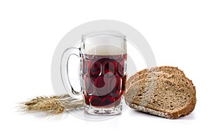 Traditional kvass beer mug with rye bread