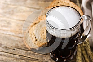 Traditional kvass beer mug with rye bread