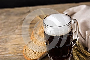 Traditional kvass beer mug with rye bread