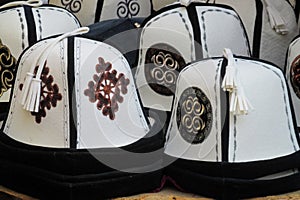 Traditional Kyrgyzstan man clothes hat at the market