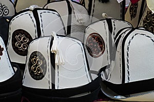 Traditional Kyrgyzstan man clothes hat at the market