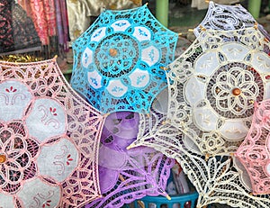 Traditional lace umbrellas in souvenir shop in Lefkara, Cyprus