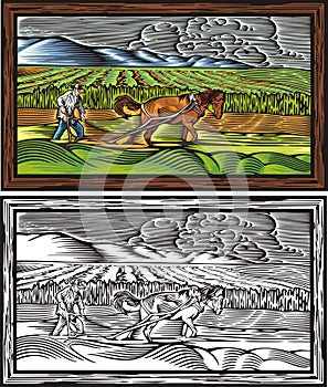 Traditional Land Tilling Vector Illustration Set in Woodcut Style