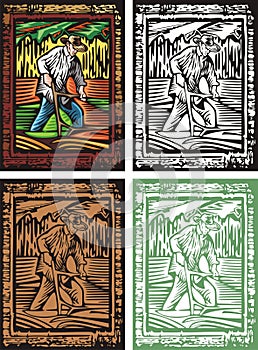 Traditional Land Tilling Vector Illustration Set in Woodcut Style