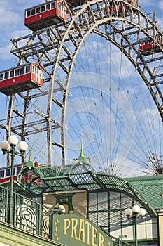 Traditional landmark ferris wheel. Vienna city center. Prater attraction. Austria