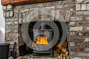 Traditional large brick fireplace in a living room