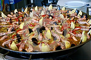 Traditional large Spanish seafood Paella