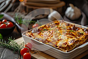 Traditional lasagna made with minced beef bolognese sauce. Generative AI