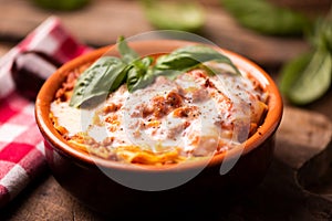 Traditional lasagne in a casserole dish