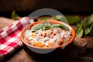 Traditional lasagne in a casserole dish