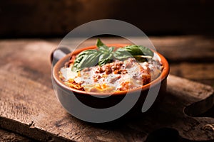 Traditional lasagne in a casserole dish